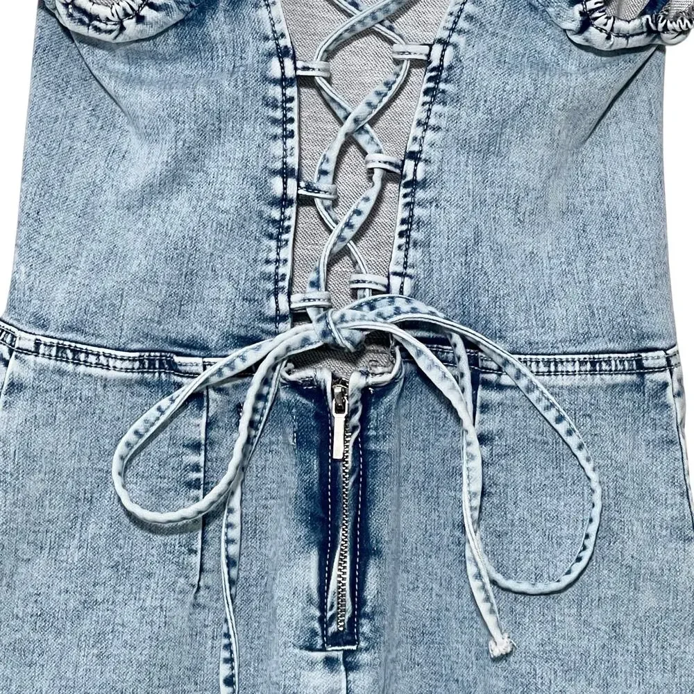 bebe Lace Back Denim Dress Size 6 With Puff Sleeves - Picture 5 of 8